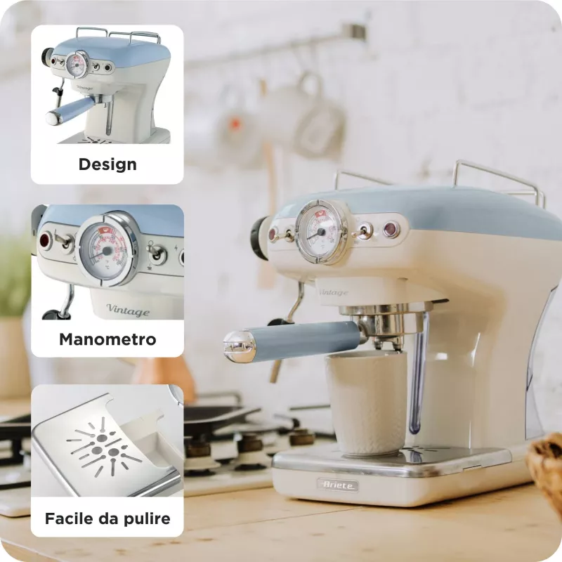 Ariete 1389 Vintage Espresso Coffee Machine - Espresso coffee machine for ground coffee or ESE pods, in a pastel blue colour