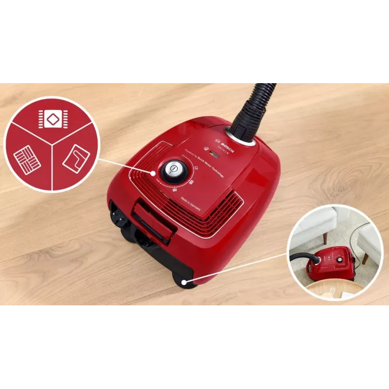Drum vacuum Bosch Serie 4 BGD38RD1H, 600 W, 4 L dust bag, dry cleaning, red