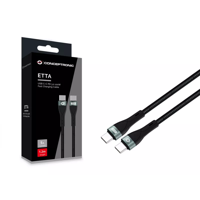 Conceptronic ETTA01B12 USB C-C PD 3.0 100W Fast Charging Cable 1.2M, 20V 5A, 480Mbps, E-Mark