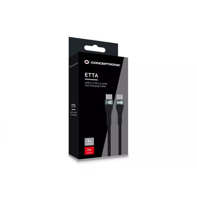 Conceptronic ETTA01B20 USB C-C PD 3.0 100W Fast Charging Cable 2M, 20V 5A, 480Mbps, E-Mark