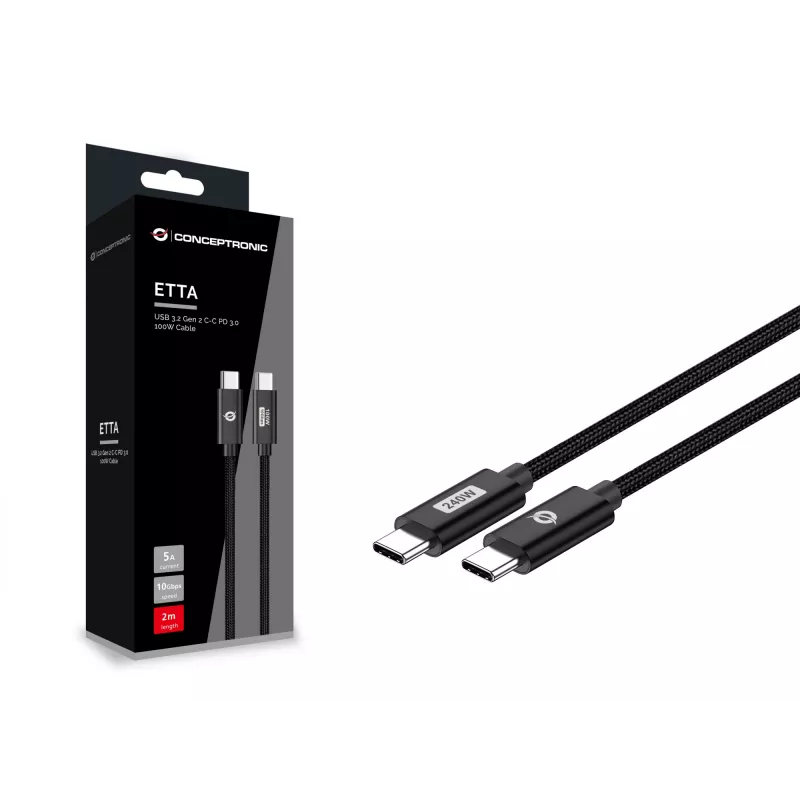 Conceptronic ETTA03B12 USB C-C PD 3.1 240W Fast Charging Cable 1.2M, 48V 5A, 480Mbps, E-Mark