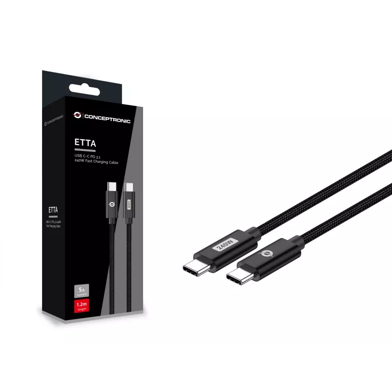 Conceptronic ETTA03B20 USB C-C PD 3.1 240W Fast Charging Cable 2M, 48V 5A, 480Mbps, E-Mark