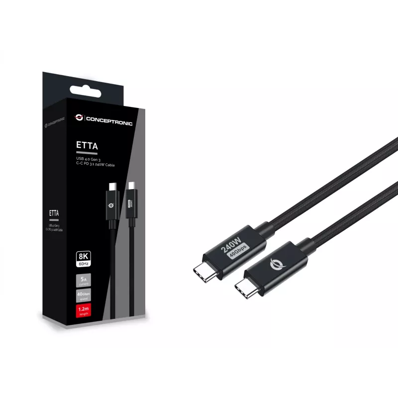 Conceptronic ETTA04B12 USB 4.0 Gen 3 C-C PD 3.1 240W Cable 1.2M, 48V 5A, 40Gbps, E-Mark