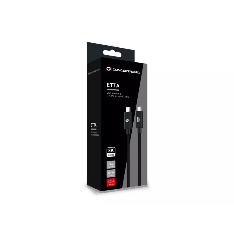 Conceptronic ETTA04B12 USB 4.0 Gen 3 C-C PD 3.1 240W Cable 1.2M, 48V 5A, 40Gbps, E-Mark