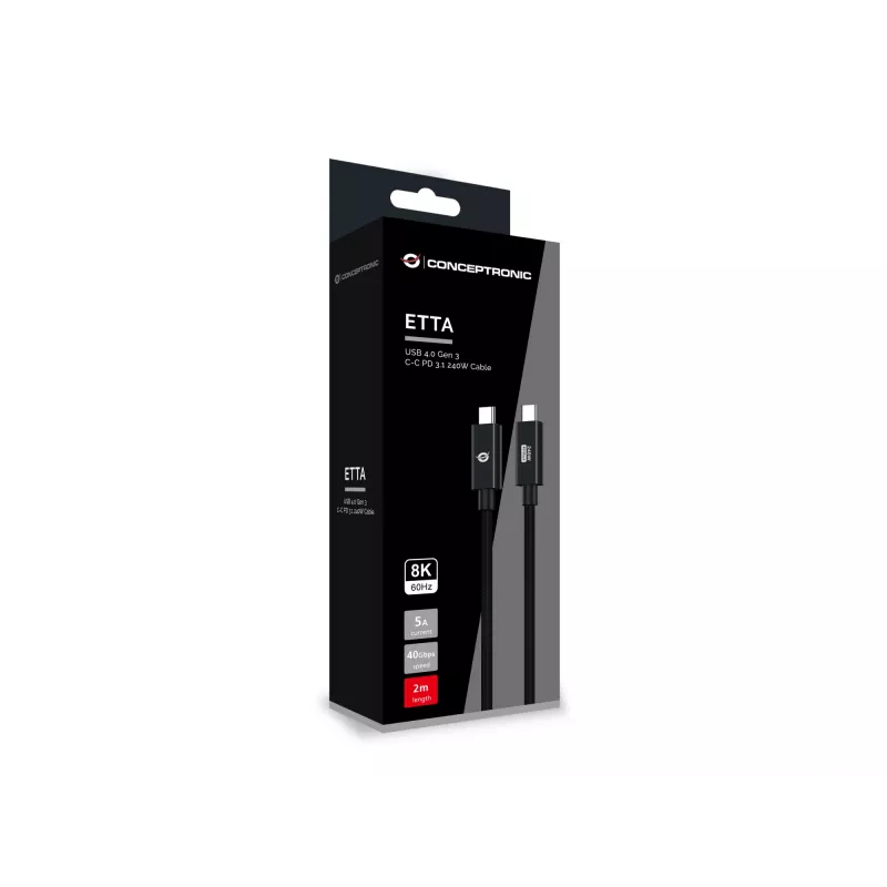 Conceptronic ETTA04B20 USB 4.0 Gen 3 C-C PD 3.1 240W Cable 2M, 48V 5A, 40Gbps, E-Mark