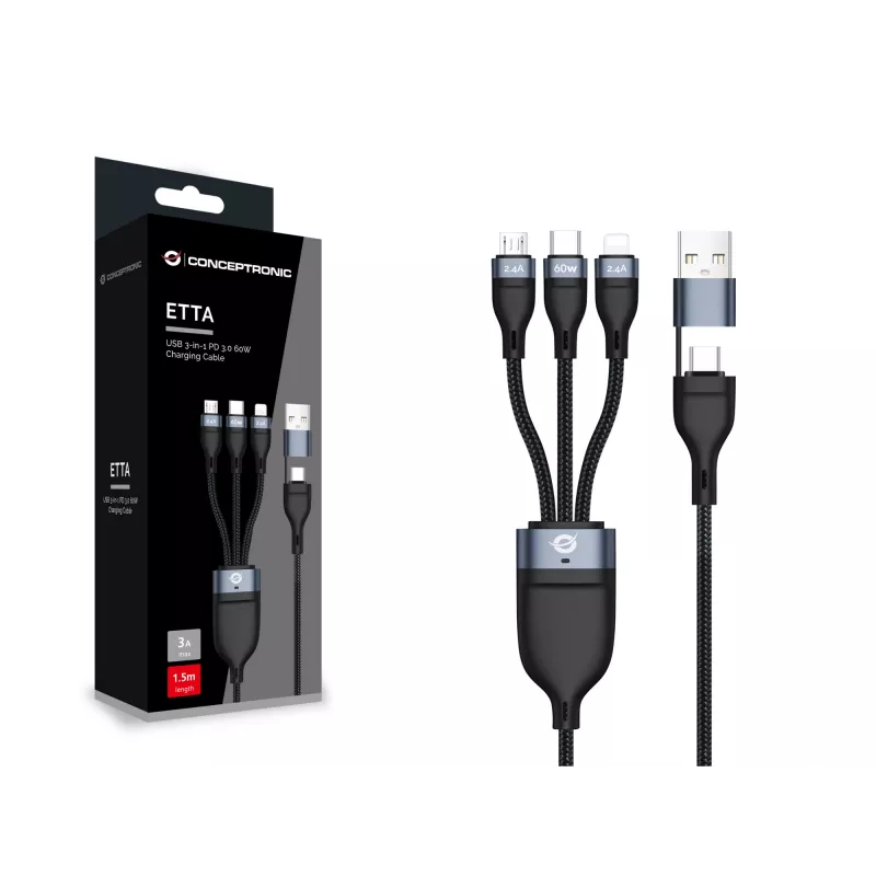 Conceptronic ETTA05B15 USB 3-in-1 PD 3.0 60W Charging Cable 1.5M, 20V 3A, 480Mbps