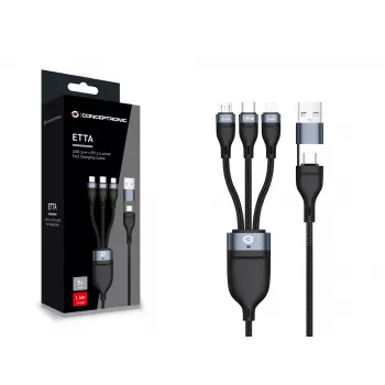Conceptronic ETTA06B15 USB 3-in-1 PD 3.0 100W Fast Charging Cable 1.5M, 20V 5A, 480Mbps, E-Mark