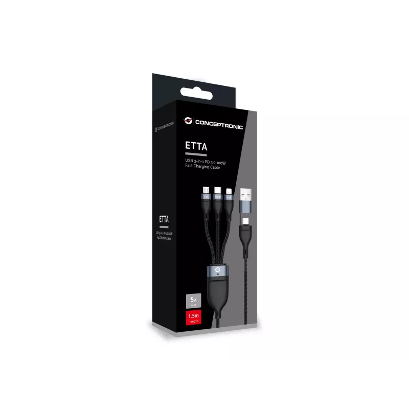 Conceptronic ETTA06B15 USB 3-in-1 PD 3.0 100W Fast Charging Cable 1.5M, 20V 5A, 480Mbps, E-Mark