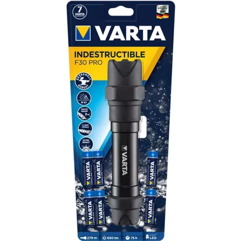 Varta Indestructible F30 Pro 18714101421 LED flashlight, 6 W, 650 lm, aluminium, Black