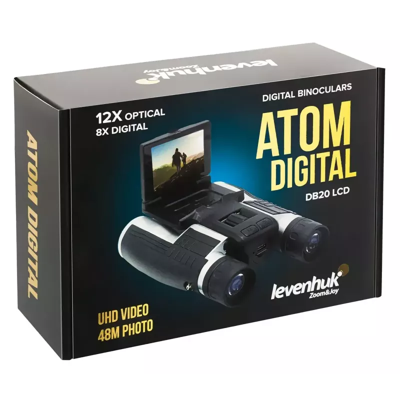 Binoculars Levenhuk Atom DB20 with 20× magnification and built-in 2 MP camera, LCD display