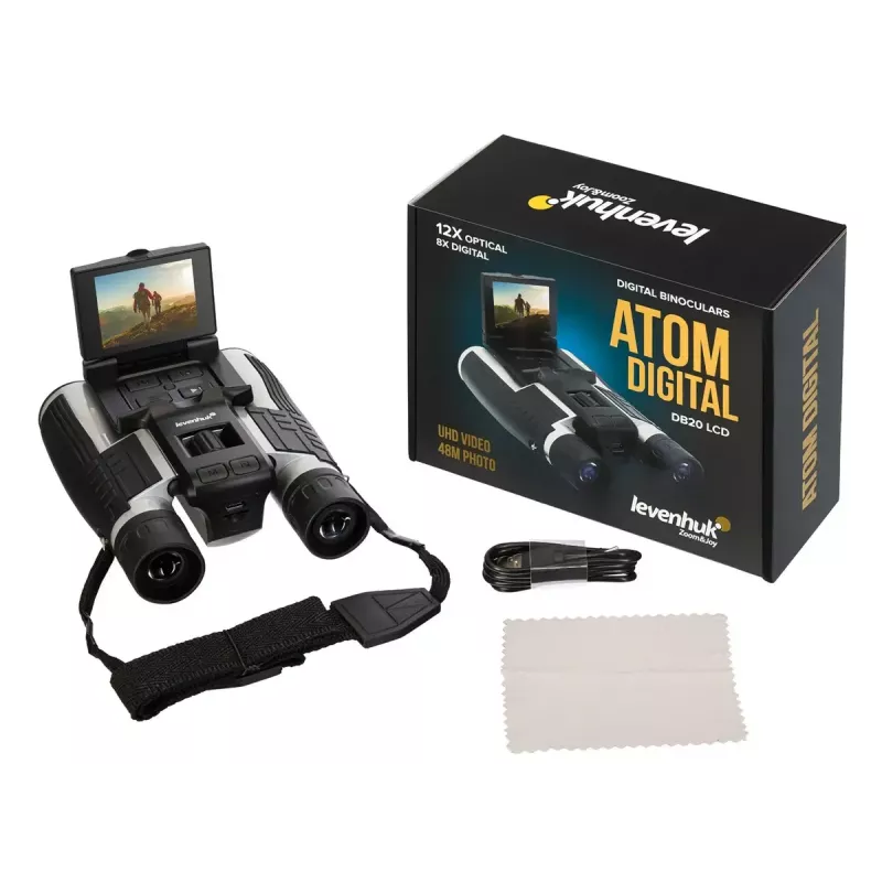 Binoculars Levenhuk Atom DB20 with 20× magnification and built-in 2 MP camera, LCD display