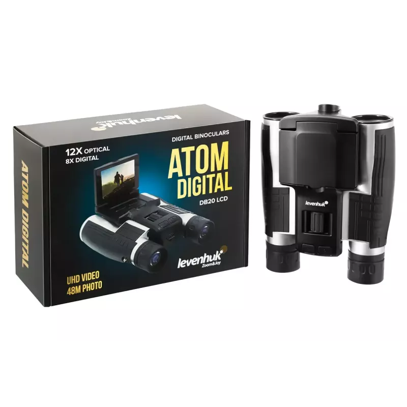Binoculars Levenhuk Atom DB20 with 20× magnification and built-in 2 MP camera, LCD display