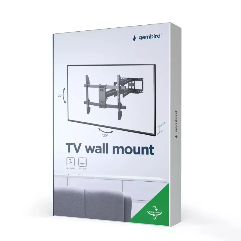 Wall TV mount Gembird WM-80ST-02 — fixed/tilt, 37 inch–80 inch, VESA up to 600x400, 60 kg, black