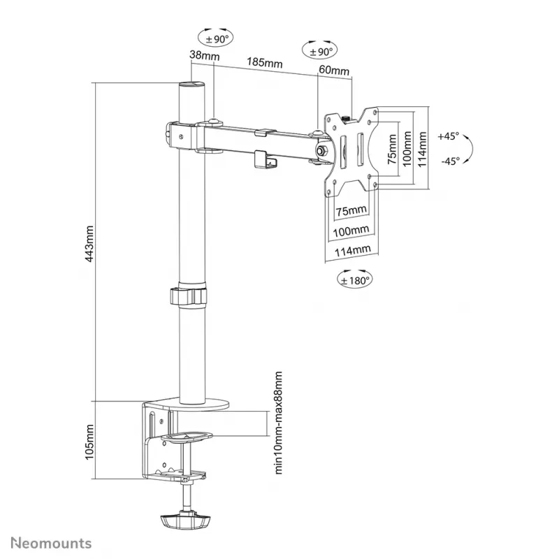 Neomounts FPMA-D540BLACK Monitor arm 13-32 inch, Clamp/Grommet, 8 kg, 33 cm (13 inch), 81.3 cm (32 inch), 100 x 100 mm, Black