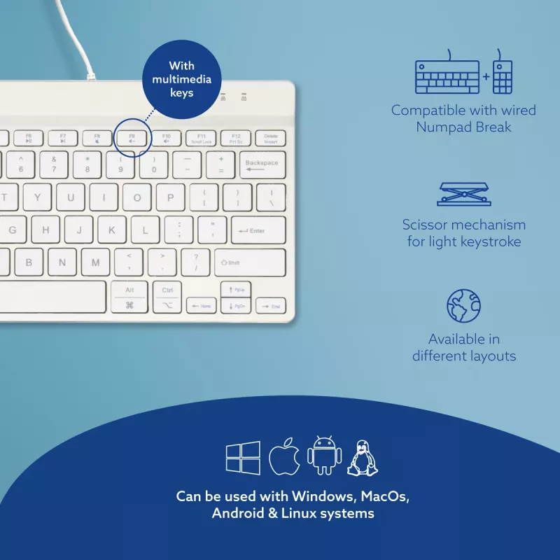 R-Go Tools Ergonomic keyboard R-Go Compact Break, compact keyboard with break software, QWERTY (US), wired, white