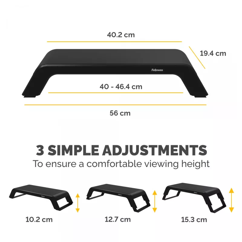 Fellowes Computer Monitor Stand with 3 Height Adjustments - Hana LT Monitor Riser - Ergonomic Adjustable Monitor Stand for Computers - Max Weight 22.6KG - Black