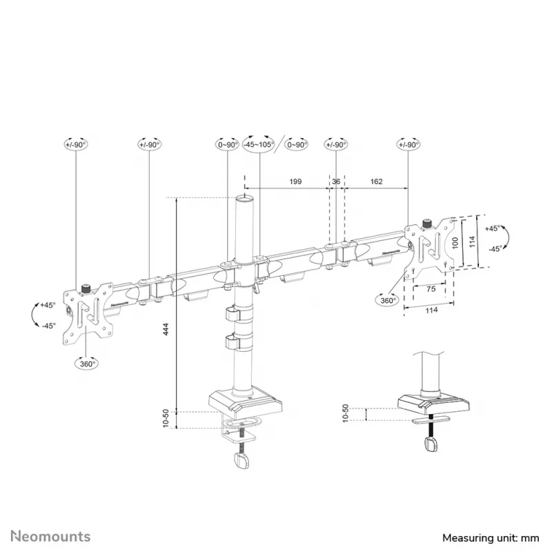 Neomounts DS60-600BL2 Monitor arm 10-32 inch - Quick-fix - 180°-stop
