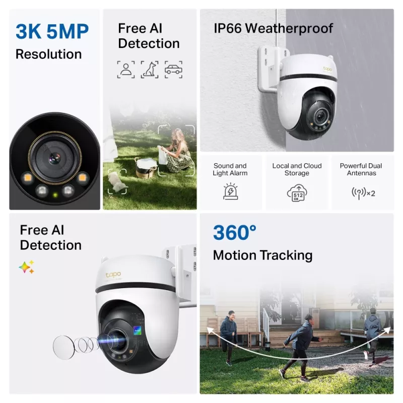 TP-Link Outdoor Pan/Tilt Security Wi-Fi Camera SPEC: 3K 5MP (2880x1620), 2.4 GHz, 2 × External Antennas, 1 × Ethernet Port, Horizontal 360º