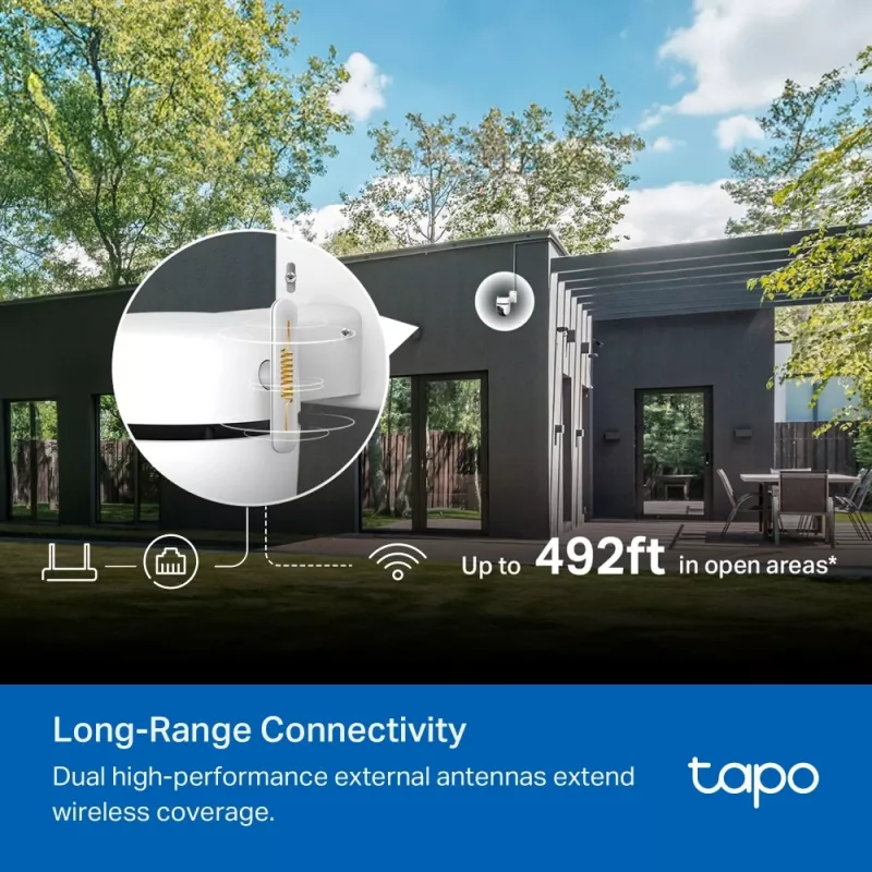 TP-Link Outdoor Pan/Tilt Security Wi-Fi Camera SPEC: 3K 5MP (2880x1620), 2.4 GHz, 2 × External Antennas, 1 × Ethernet Port, Horizontal 360º