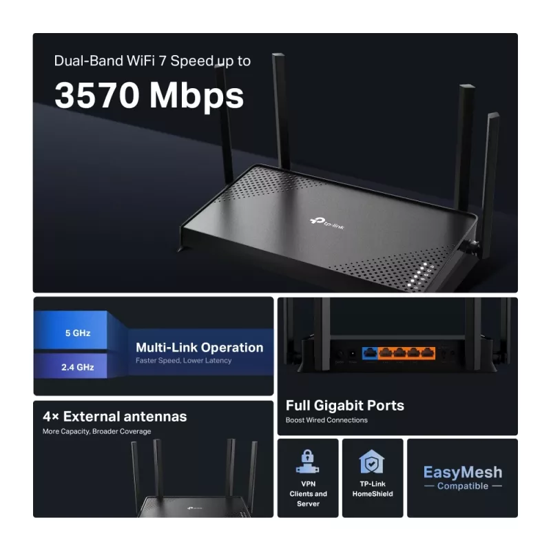 TP-Link Archer BE220 wireless router Gigabit Ethernet Dual-band (2.4 GHz / 5 GHz) Black