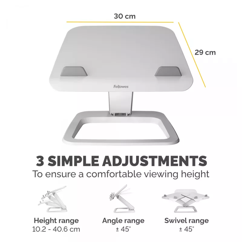 Fellowes Laptop Stand for Desk - Hana LT Laptop Stand for the Home and Office - Adjustable Laptop Stand with 3 Height Adjustments - Max Monitor Size 19 inch, Max Weight 4.5KG - White