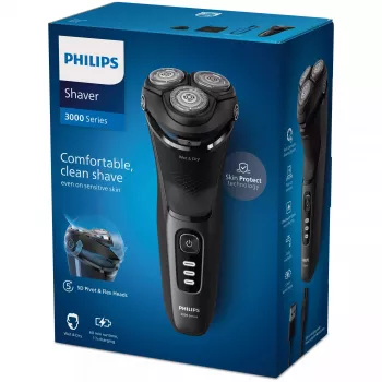 Electric rotary shaver Philips 3000 Series S3244/12 – 3 heads, Wet & Dry, Li‑Ion, 60 min run time, pop‑up trimmer, washable, black