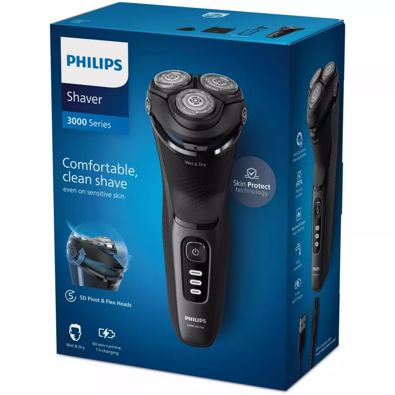 Electric rotary shaver Philips 3000 Series S3244/12 – 3 heads, Wet & Dry, Li‑Ion, 60 min run time, pop‑up trimmer, washable, black