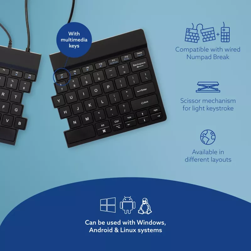 R-Go Tools Ergonomic keyboard R-Go Split Break v2 with break software, ergonomic split keyboard, QWERTY (US), Wired, black