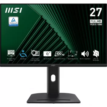 MSI PRO MP275PG 27 inch Monitor, FHD (1920 x 1080), 100Hz, IPS, 1ms, 1x HDMI 1.4b, 1x DP 1.2a output, 1x D-Sub(VGA), Built-in Speakers, Anti-Glare, Anti-Flicker, Less Blue light, TÜV Certified, VESA, Kensington, 4-way adjustable stand, Black