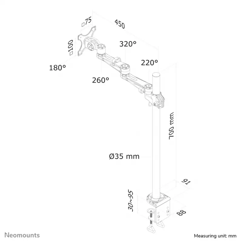Neomounts FPMA-D935POLE70 Monitor arm 10-30 inch, Clamp, 10 kg, 25.4 cm (10 inch), 76.2 cm (30 inch), 100 x 100 mm, Silver