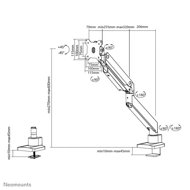 Neomounts NM-D775SILVERPLUS Monitor arm 10-49 inch - gas spring - Topfix - 180°-stop