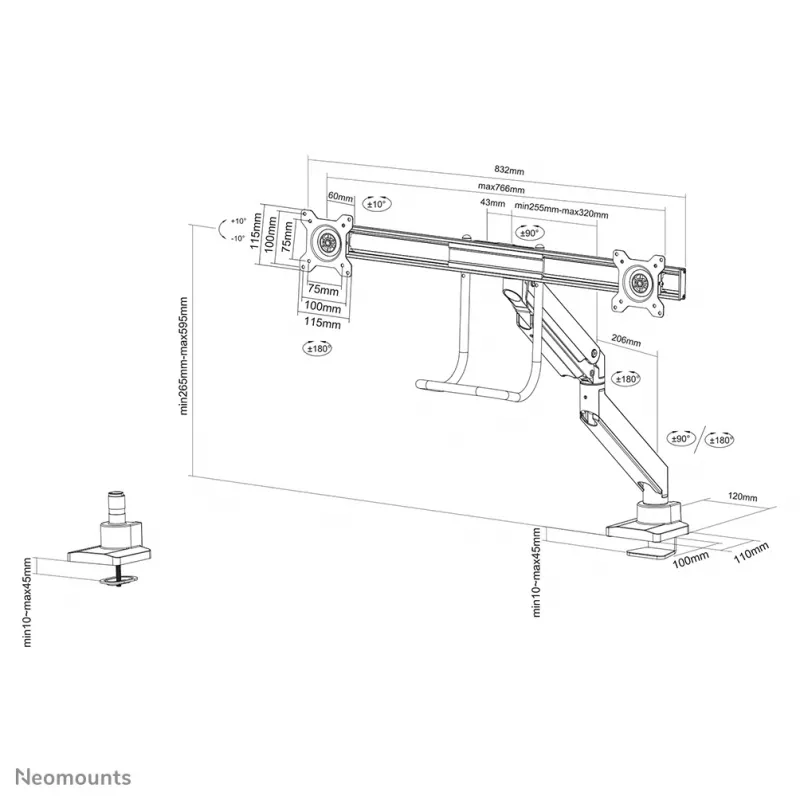 Neomounts NM-D775DXWHITE Monitor arm 10-32 inch - gas spring - Topfix - 180°-stop