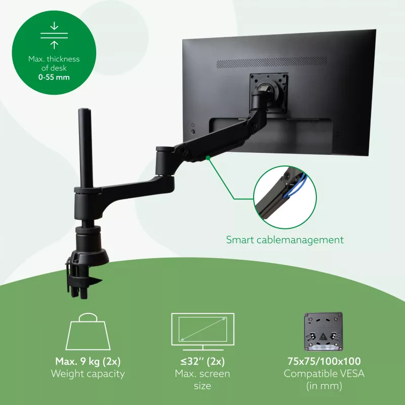 R-Go Tools Monitor arm R-Go Caparo Dual, for two monitors, adjustable with gas spring, 3-9 kg load capacity, 100% circular, black