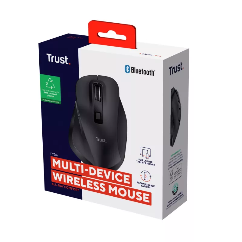 TRUST Fyda Office right-hand wireless mouse — RF + Bluetooth, optical 2400 DPI, 6 buttons, black