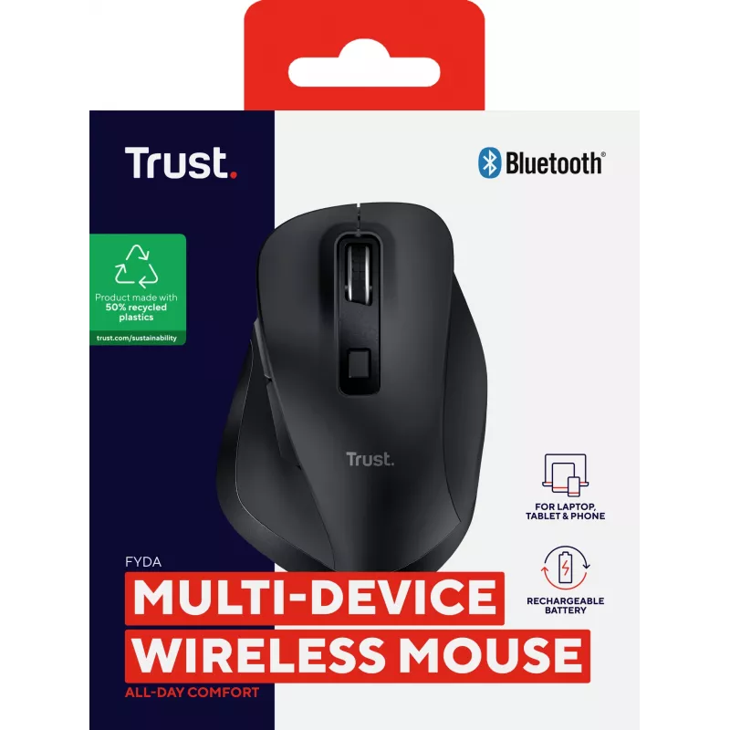 TRUST Fyda Office right-hand wireless mouse — RF + Bluetooth, optical 2400 DPI, 6 buttons, black