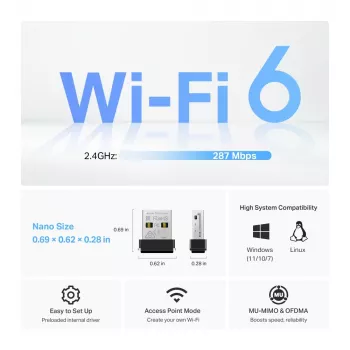 Wireless USB Adapter TP‑Link Archer TX1U Nano Wi‑Fi 6 (IEEE 802.11ax) Dual‑Band 2.4/5 GHz, 287 Mbit/s, Bluetooth, USB 2.0, Black