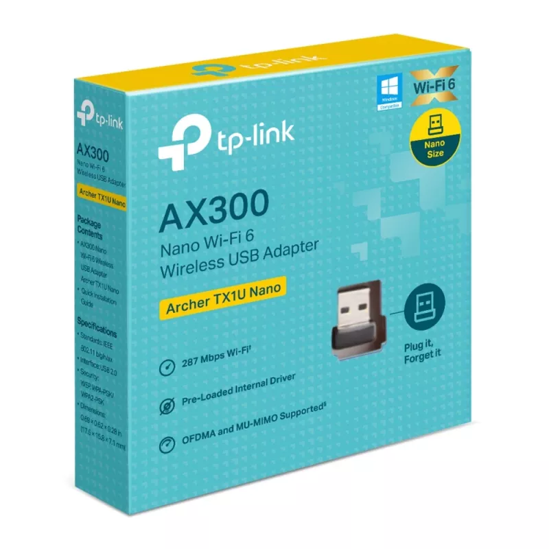 Wireless USB Adapter TP‑Link Archer TX1U Nano Wi‑Fi 6 (IEEE 802.11ax) Dual‑Band 2.4/5 GHz, 287 Mbit/s, Bluetooth, USB 2.0, Black