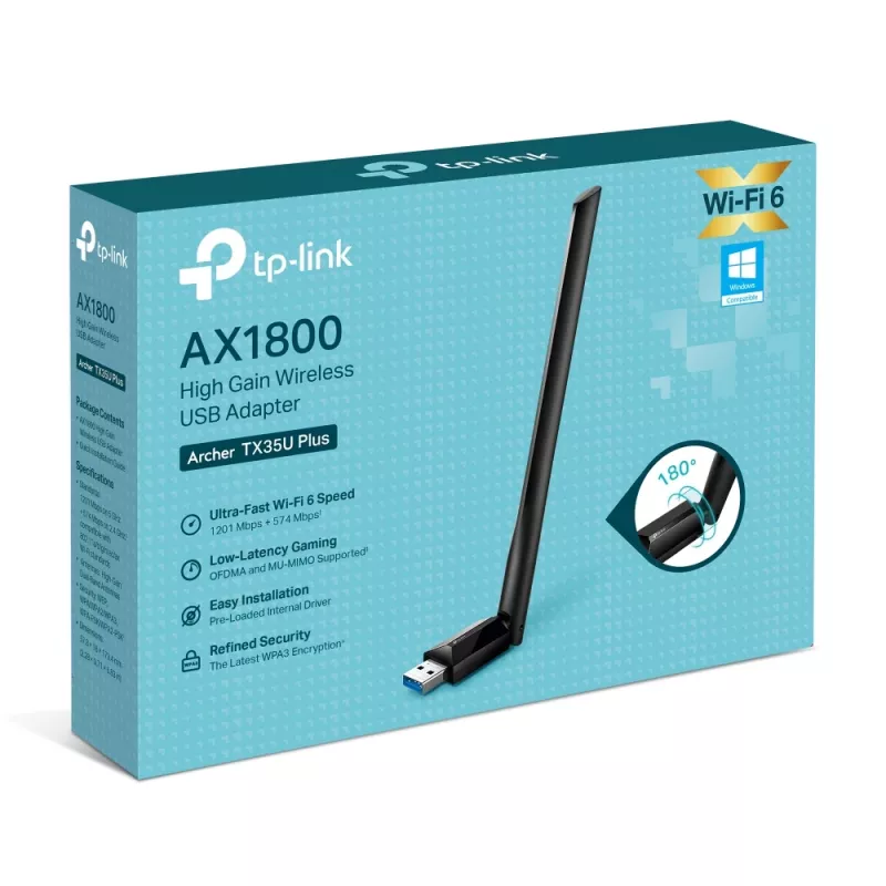 Wireless USB Wi‑Fi Adapter TP‑LINK Archer TX35U PLUS — Wi‑Fi 6 dual‑band 1201 Mbit/s, USB‑powered, black