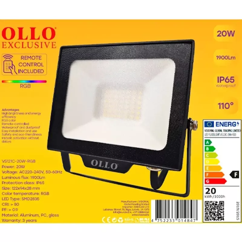 Outdoor LED floodlight OLLO VS121C-20W-RGB 20W 1900lm RGB