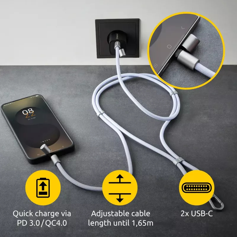 Intenso USB-C Charging Lanyard Phone Necklace Cable 60W Fast Charging Adjustable Length 1.65m Nylon Purple