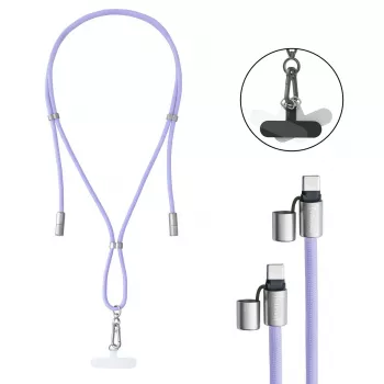 Intenso USB-C Charging Lanyard Phone Necklace Cable 60W Fast Charging Adjustable Length 1.65m Nylon Purple
