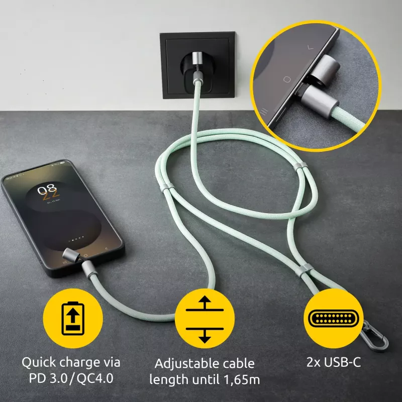 Intenso USB-C Charging Lanyard Phone Necklace Cable 60W Fast Charging Adjustable Length 1.65m Nylon Green