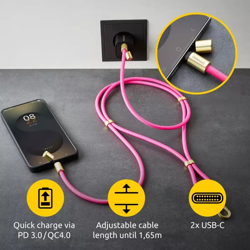 Intenso USB-C Charging Lanyard Phone Necklace Cable 60W Fast Charging Adjustable Length 1.65m Nylon Neon Pink