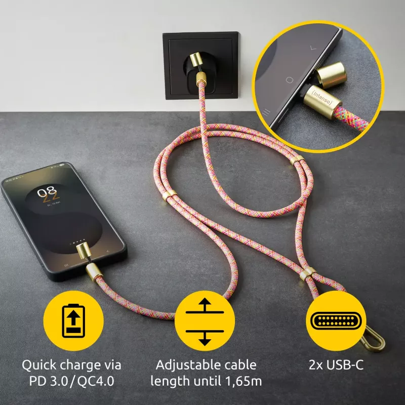 Intenso USB-C Charging Lanyard Phone Necklace Cable 60W Fast Charging Adjustable Length 1.65m Nylon Multicolour
