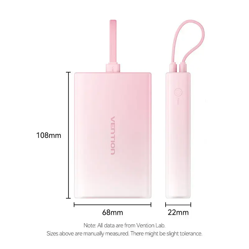 Power Bank Vention 10000mAh (USB-C, Lightning, USB-A) 22.5W LED display Pink