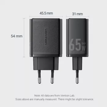 Vention FERW0-EU 65W Indoor AC Fast Charger for Laptop, Smartphone, Tablet, Smartwatch, Headphones, 2× USB-C, White