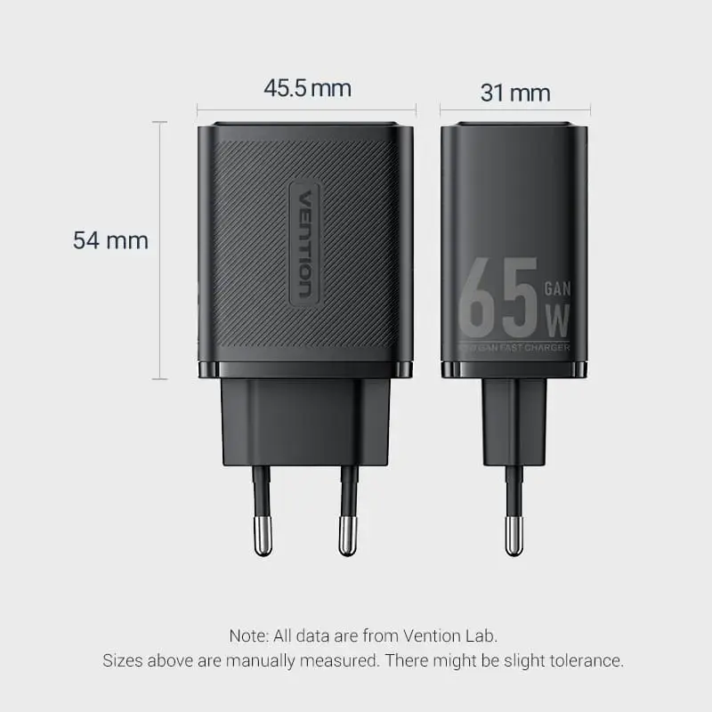 Vention FERW0-EU 65W Indoor AC Fast Charger for Laptop, Smartphone, Tablet, Smartwatch, Headphones, 2× USB-C, White