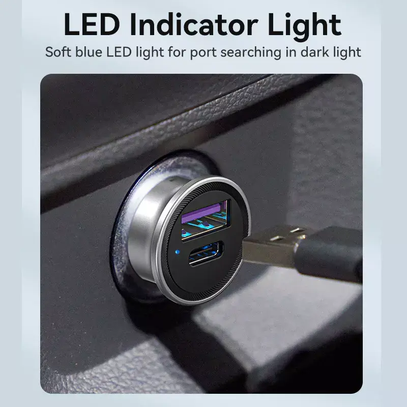 Car Charger Vention Two-Port USB A+C(18/20) Gray Mini Style Aluminium Alloy Type