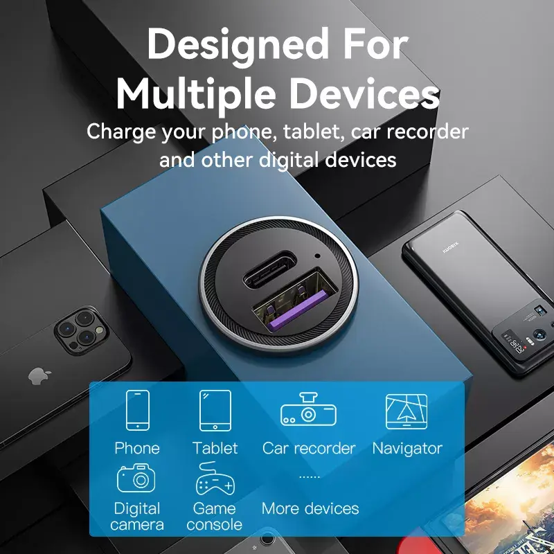 Car Charger Vention Two-Port USB A+C(18/20) Gray Mini Style Aluminium Alloy Type