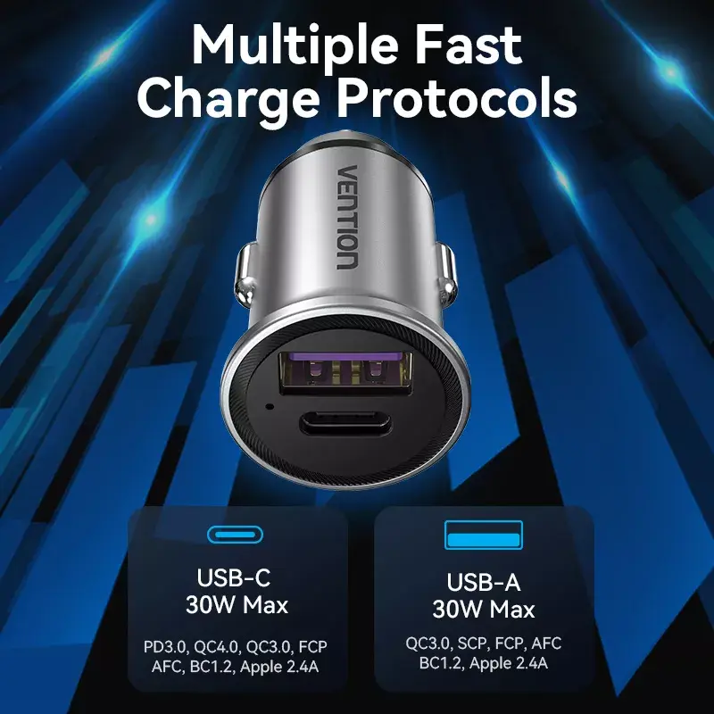 Car Charger Vention Two-Port USB A+C(18/20) Gray Mini Style Aluminium Alloy Type